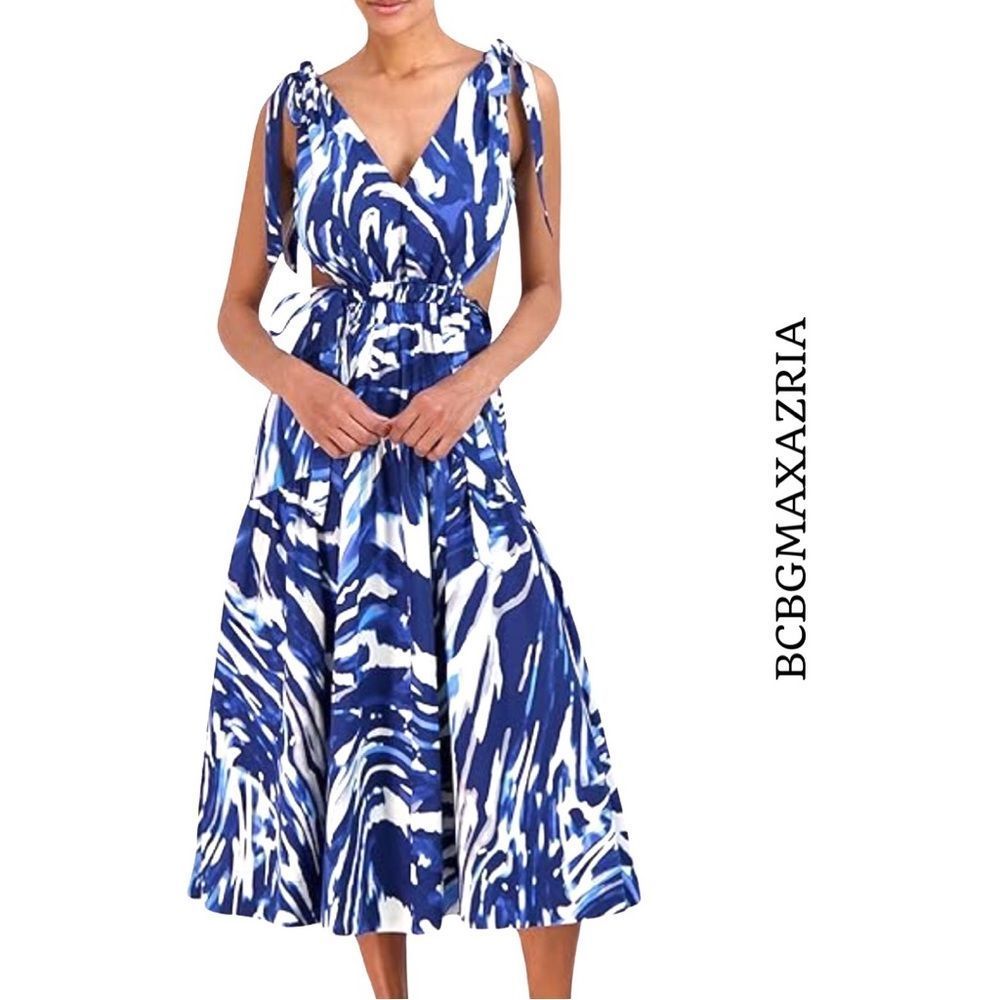 BCBGMaxAzria Blue and White Midi Dress